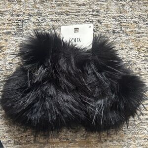 NWT Zara Black faux fur fingerless gloves mittens